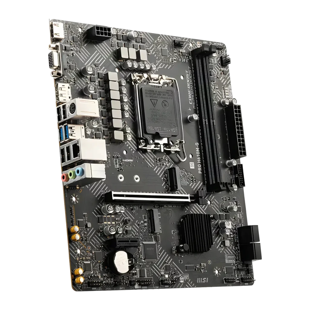 Placa base MSI PRO H610M-G DDR5 Intel H610 LGA1700 mATX Negro, vista angular: socket LGA1700, ranuras DDR5 y panel de E/S