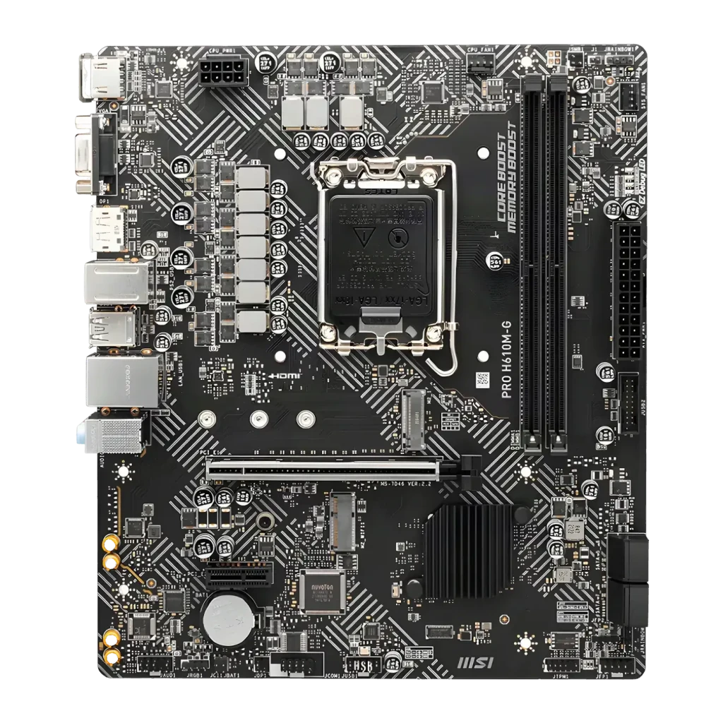 Placa base MSI PRO H610M-G DDR5 Intel H610 LGA1700 mATX Negro, vista frontal: socket LGA1700, ranuras DDR5 y chipset