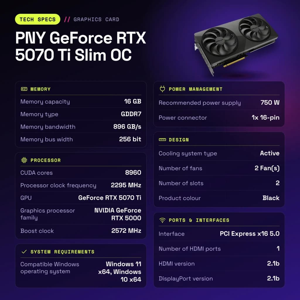 PNY GeForce RTX 5070 Ti Slim OC 16GB GDDR7 Negro - características