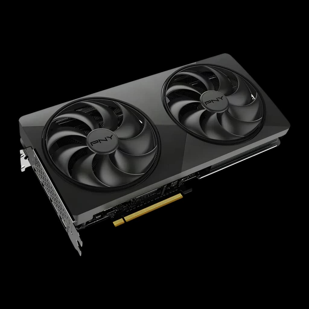 PNY GeForce RTX 5070 Ti Slim OC 16GB GDDR7 Negro, vista frontal en ángulo: dos ventiladores con logo PNY y conector PCIe