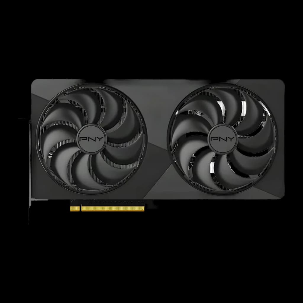 PNY GeForce RTX 5070 Ti Slim OC 16GB GDDR7 Negro, vista frontal: doble ventilador con logo PNY y conector dorado