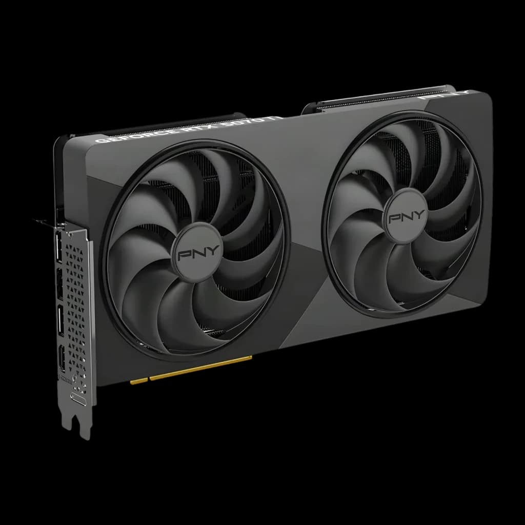 PNY GeForce RTX 5070 Ti Slim OC 16GB GDDR7 Negro, vista frontal en ángulo: dos ventiladores con logo PNY y bracket