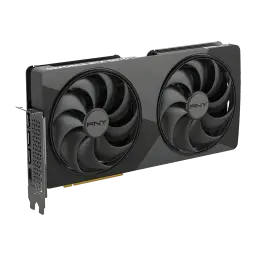 PNY GeForce RTX 5070 Ti Slim OC 16GB GDDR7 Negro, vista frontal en ángulo: dos ventiladores con logo PNY y bracket