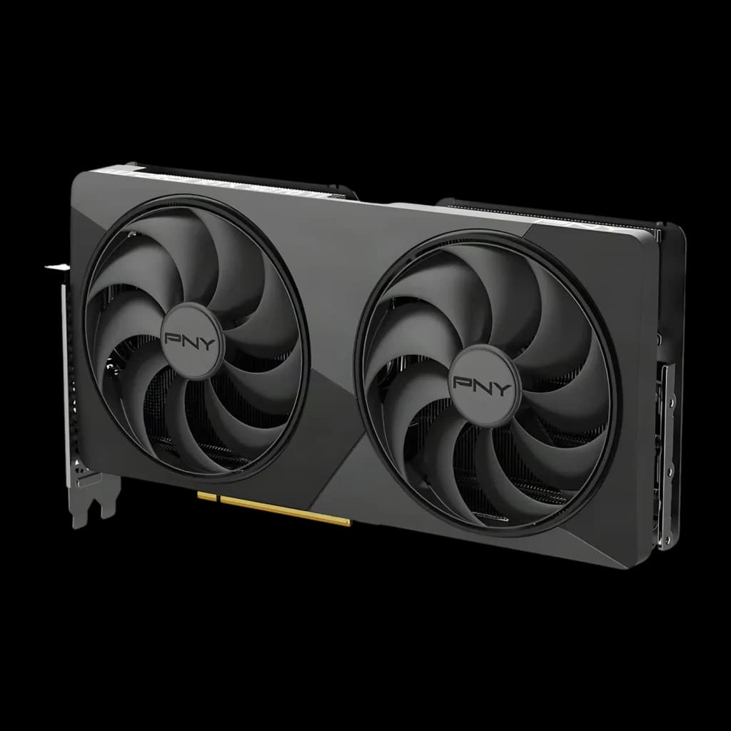 PNY GeForce RTX 5070 Ti Slim OC 16GB GDDR7 Negro, vista frontal en ángulo: dos ventiladores con logo PNY y conector dorado