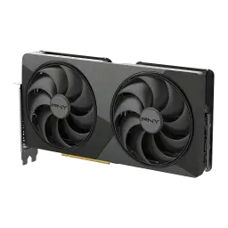 PNY GeForce RTX 5070 Ti Slim OC 16GB GDDR7 Negro, vista frontal en ángulo: dos ventiladores con logo PNY y conector dorado