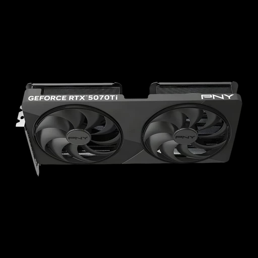 PNY GeForce RTX 5070 Ti Slim OC 16GB GDDR7 Negro, vista frontal: dos ventiladores con logo PNY y texto GeForce RTX 5070Ti
