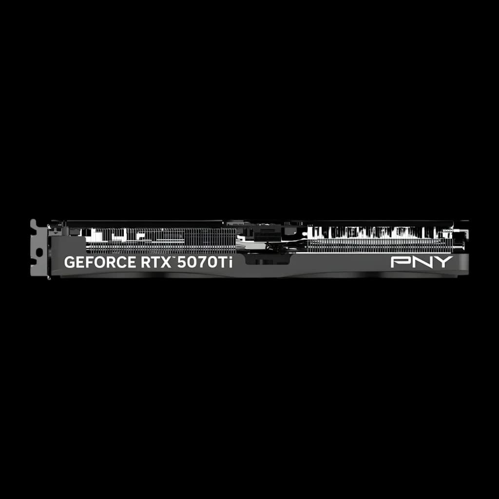 PNY GeForce RTX 5070 Ti Slim OC 16GB GDDR7 Negro, vista lateral: perfil delgado con aletas de disipación y logo grabado