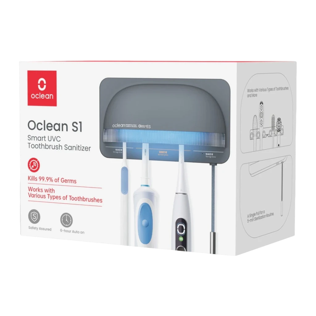 Higienizador para cepillo de dientes Oclean S1 UV-C Corriente alterna Gris, caja: packaging frontal con luz UV-C azul