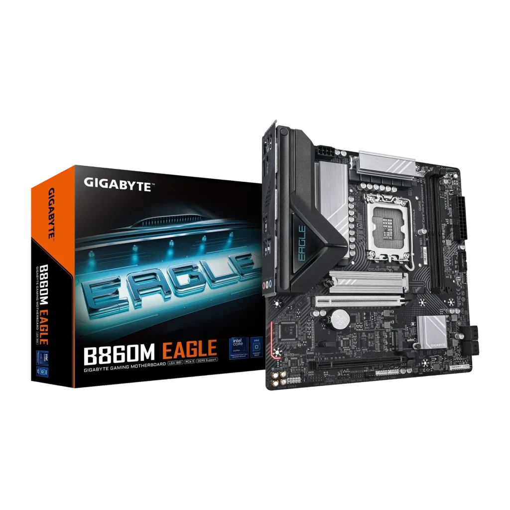 Placa base Gigabyte B860M EAGLE DDR5 Intel B860 LGA1851 Micro ATX Sin WiFi Marrón, vista frontal: placa y caja del producto