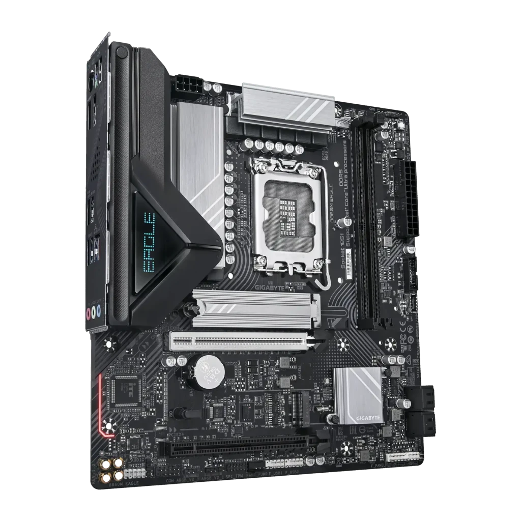 Placa base Gigabyte B860M EAGLE DDR5 Intel B860 LGA1851 Micro ATX Sin WiFi Marrón, vista en ángulo: socket LGA1851