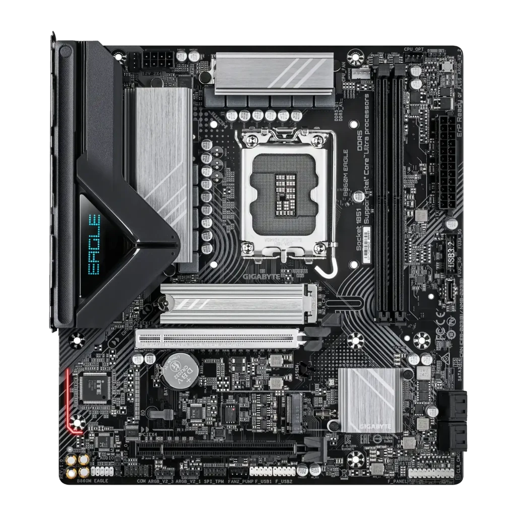 Placa base Gigabyte B860M EAGLE DDR5 Intel B860 LGA1851 Micro ATX Sin WiFi Marrón, vista frontal: socket LGA1851