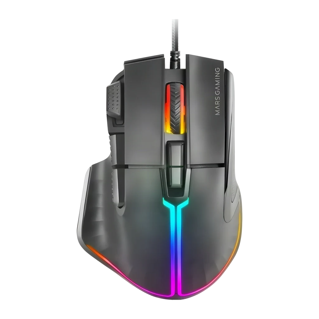 Souris Gaming Mars Gaming MM-XT Câble tressé 1,55 m 12800 DPI RGB Noir, vue dessus: éclairage RGB en Y, molette et boutons
