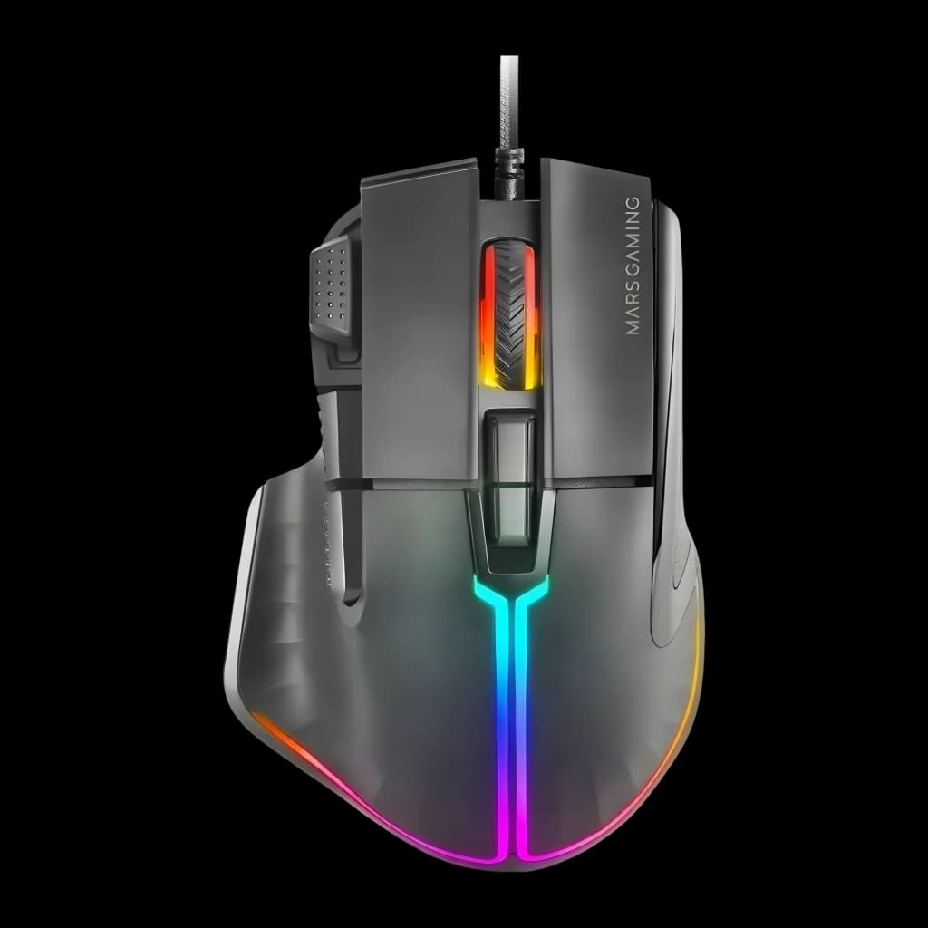 Souris Gaming Mars Gaming MM-XT Câble tressé 1,55 m 12800 DPI RGB Noir, vue dessus: éclairage RGB en Y, molette et boutons
