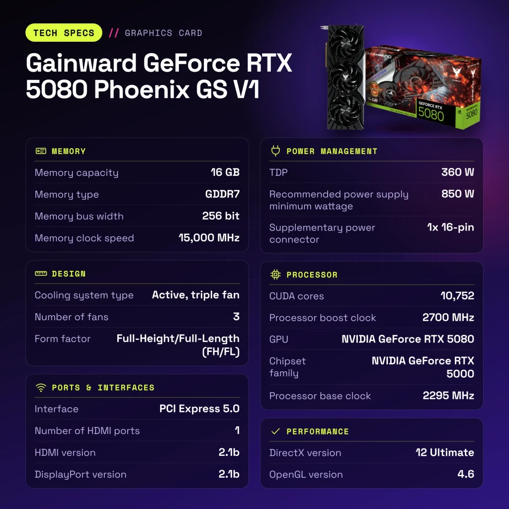 Gainward GeForce RTX 5080 Phoenix GS V1 16GB GDDR7 Negro - características