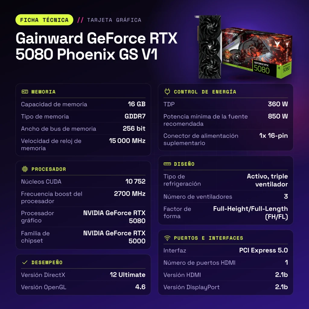 Gainward GeForce RTX 5080 Phoenix GS V1 16GB GDDR7 Negro - características