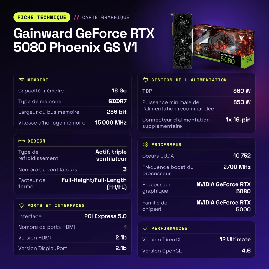 Gainward GeForce RTX 5080 Phoenix GS V1 16GB GDDR7 Negro - características