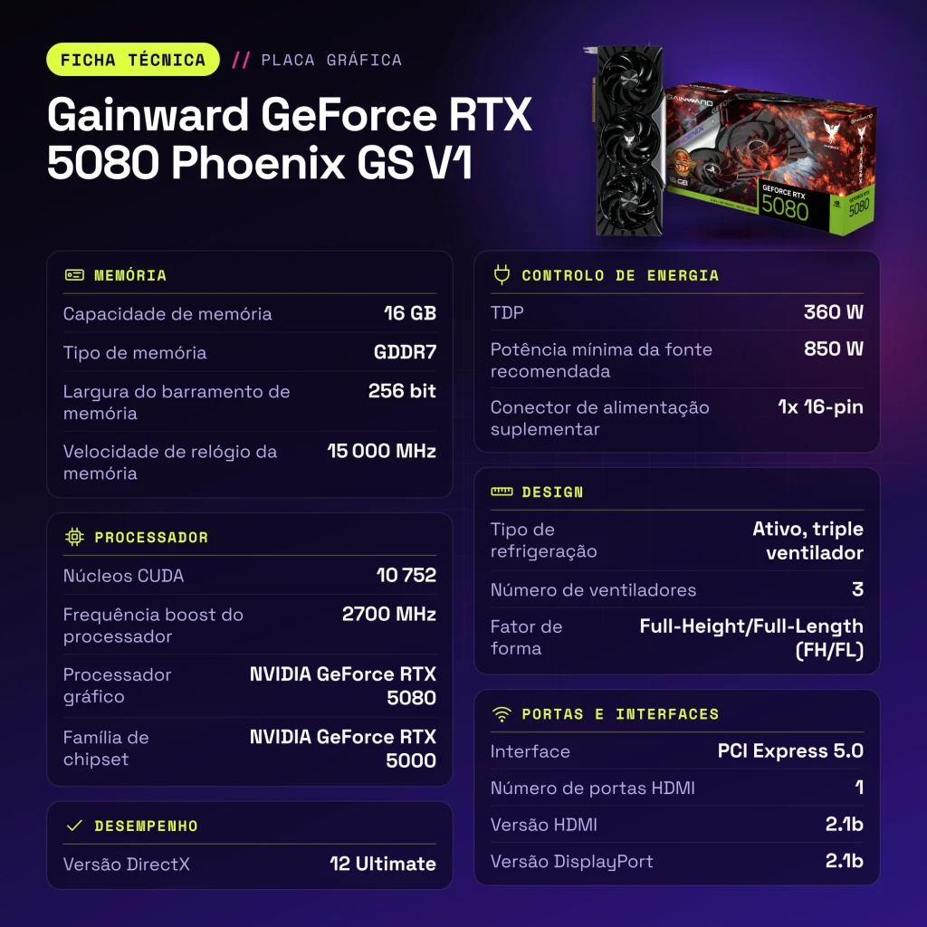 Gainward GeForce RTX 5080 Phoenix GS V1 16GB GDDR7 Negro - características