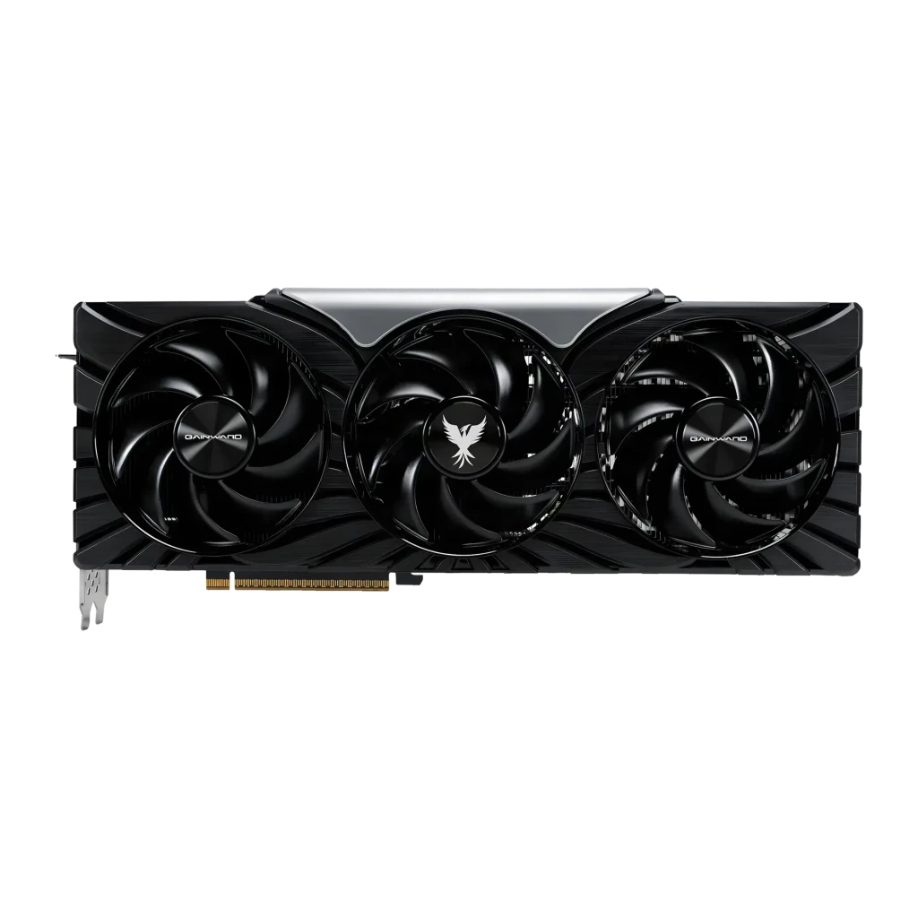 Gainward GeForce RTX 5080 Phoenix GS V1 16GB GDDR7 Negro, vista frontal: tres ventiladores, logo fénix central y conector
