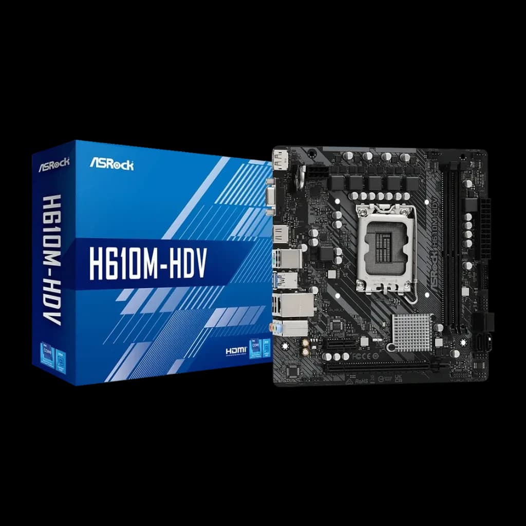 Carte mère ASRock H610M-HDV Intel H610 LGA 1700 DDR4 Micro-ATX Noir, vue de face avec boîte: socket LGA1700, slots DDR4