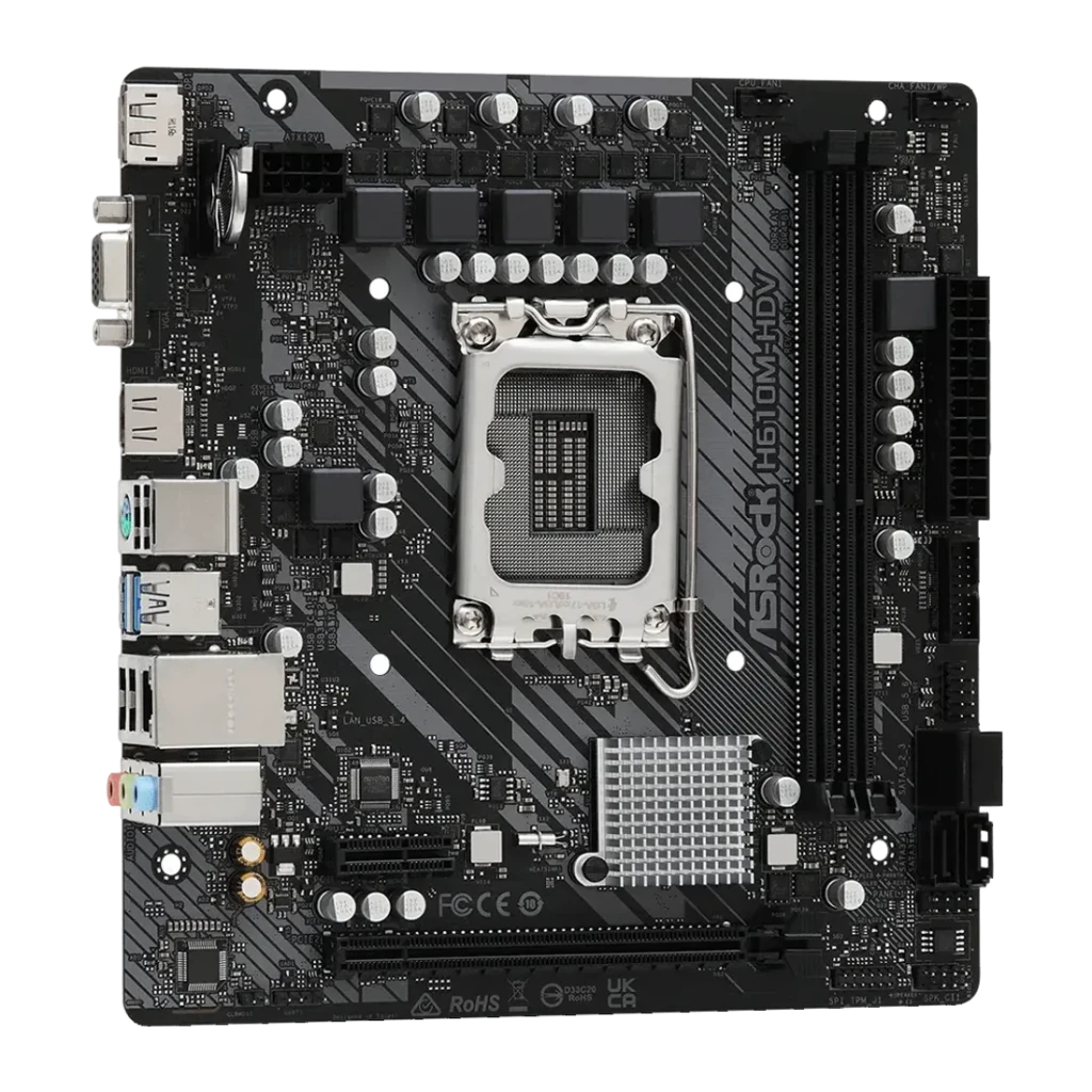 Carte mère ASRock H610M-HDV Intel H610 LGA 1700 DDR4 Micro-ATX Noir, vue de face: socket LGA 1700, slots DDR4 et panneau E/S