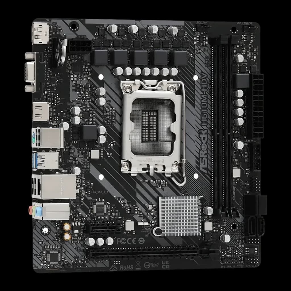 Carte mère ASRock H610M-HDV Intel H610 LGA 1700 DDR4 Micro-ATX Noir, vue de face: socket LGA 1700, slots DDR4 et panneau E/S