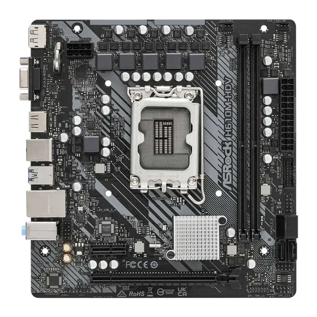 Carte mère ASRock H610M-HDV Intel H610 LGA 1700 DDR4 Micro-ATX Noir, vue dessus: socket LGA1700, slots DDR4 et panneau E/S