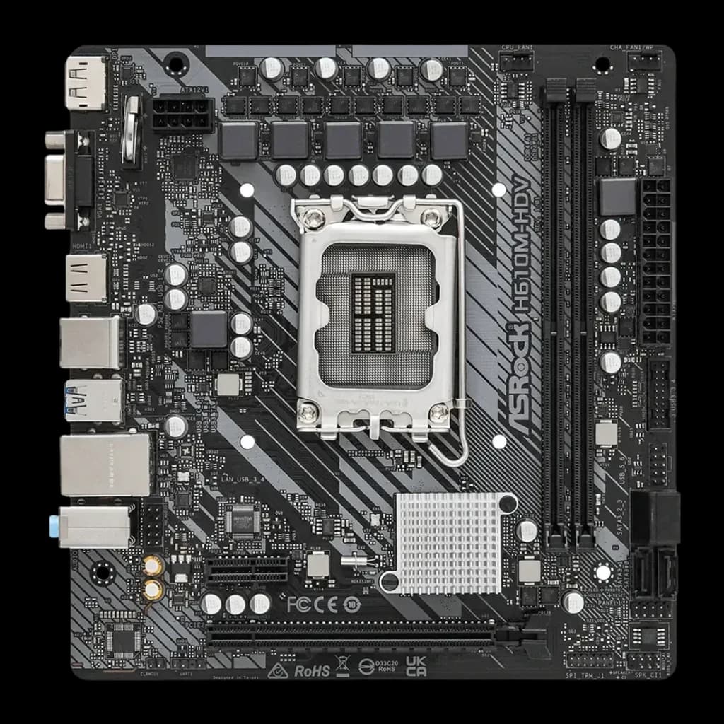 Carte mère ASRock H610M-HDV Intel H610 LGA 1700 DDR4 Micro-ATX Noir, vue dessus: socket LGA1700, slots DDR4 et panneau E/S
