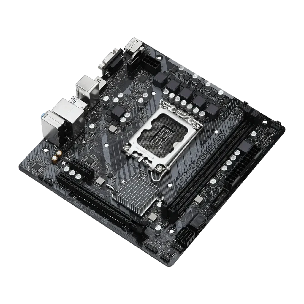 Carte mère ASRock H610M-HDV Intel H610 LGA 1700 DDR4 Micro-ATX Noir, vue en perspective: socket LGA 1700, slots DDR4