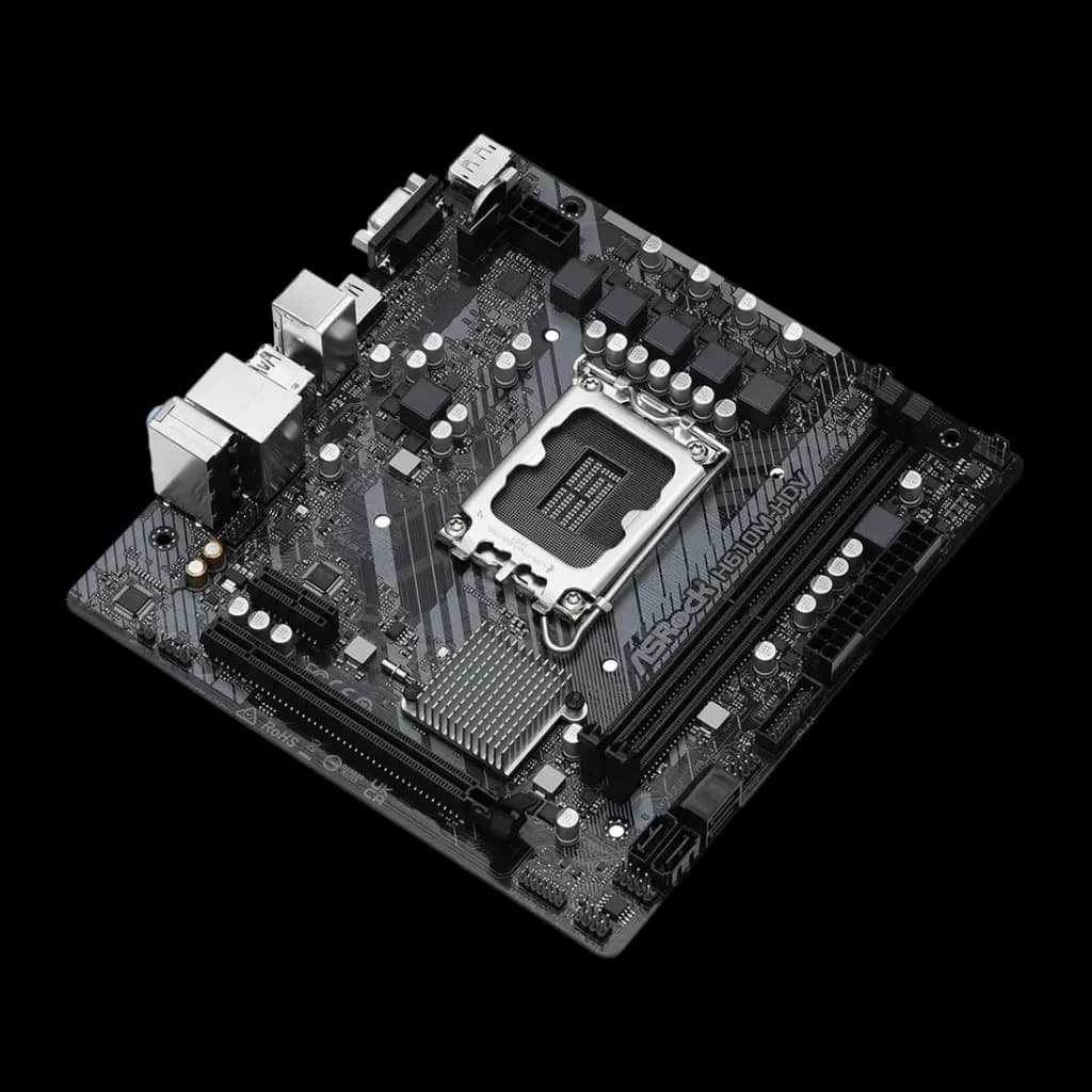 Carte mère ASRock H610M-HDV Intel H610 LGA 1700 DDR4 Micro-ATX Noir, vue en perspective: socket LGA 1700, slots DDR4