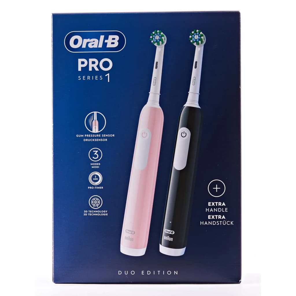Brosse à dents électrique Oral-B Pro Series 1 Duo CrossAction Noir/Rose, boîte face: pack duo avec manches rose et noir