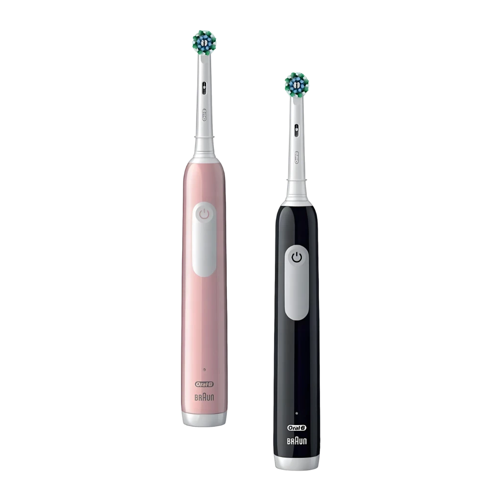 Brosse à dents électrique Oral-B Pro Series 1 Duo CrossAction Noir/Rose, vue avant: deux manches rose et noir avec têtes