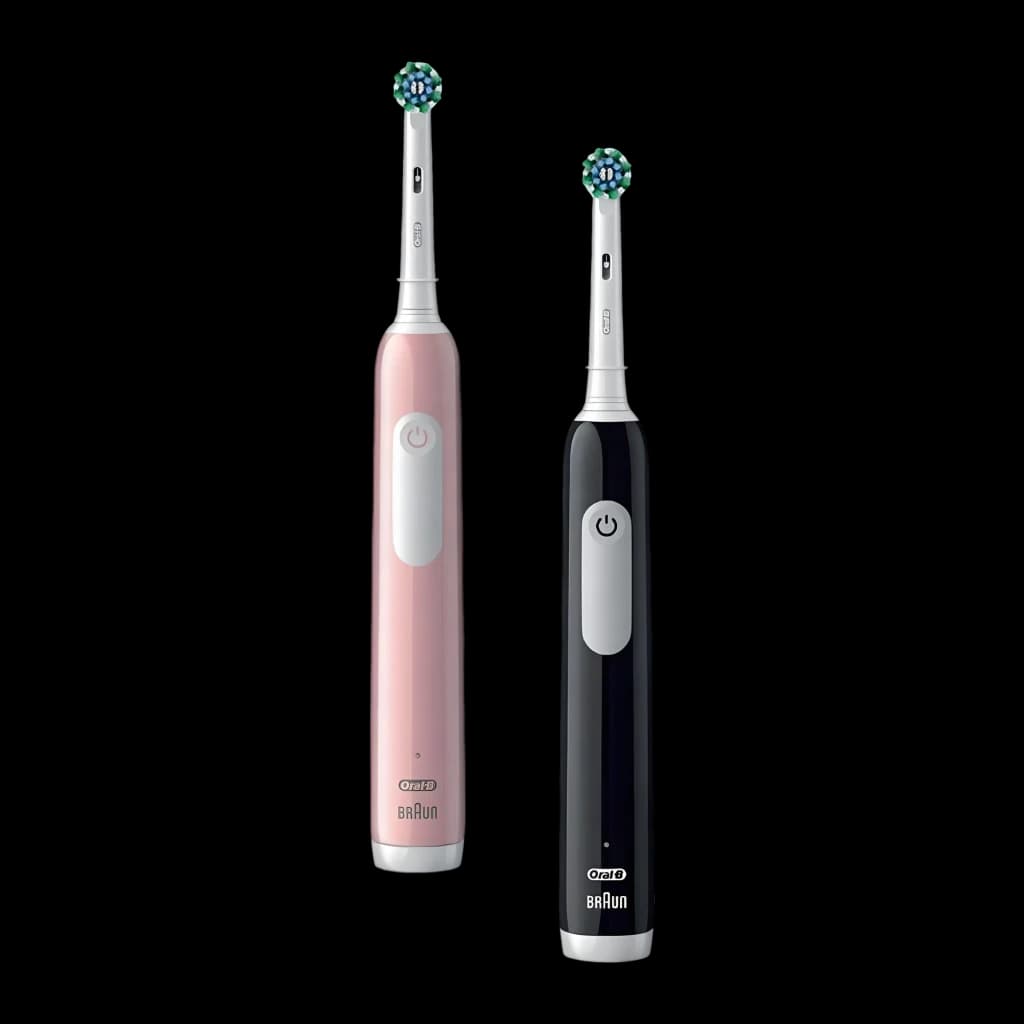 Brosse à dents électrique Oral-B Pro Series 1 Duo CrossAction Noir/Rose, vue avant: deux manches rose et noir avec têtes