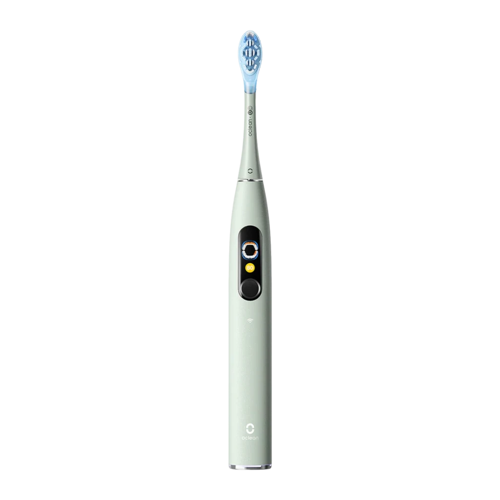 Escova Elétrica Oclean Sónica 84000 mov/min Sem Fios Verde C01000750, vista frontal: cabo verde com ecrã tátil e cabeça