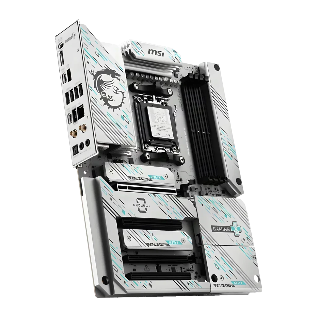Placa base MSI B850 Gaming Plus WiFi AM5 DDR5 ATX Negro, vista en perspectiva: diseño blanco con detalles turquesa, zócalo