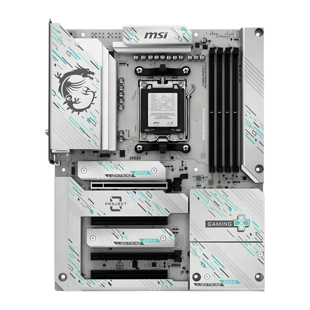 Placa base MSI B850 Gaming Plus WiFi AM5 DDR5 ATX Negro, vista frontal: PCIe Lightning Gen5, zócalo AM5 y dragón MSI