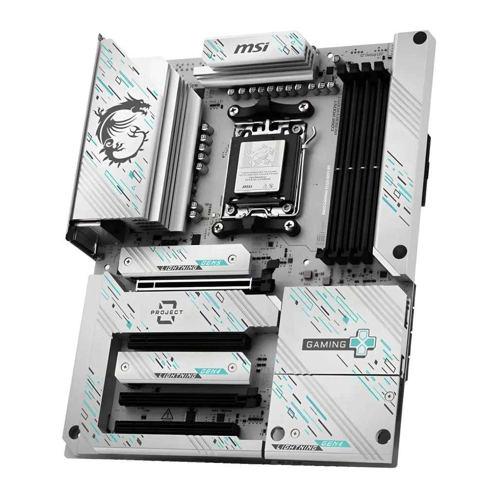 Placa base MSI B850 Gaming Plus WiFi AM5 DDR5 ATX Negro, vista en perspectiva: PCIe Gen5, ranuras DDR5 y disipadores blancos