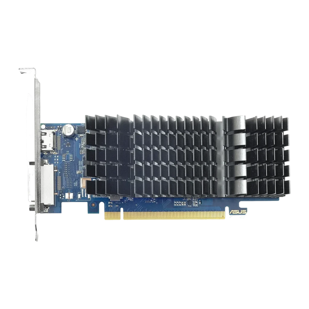 ASUS GeForce GT 1030 Silent 2GB GDDR5 Preto, vista lateral: dissipador passivo preto com aletas, PCB azul e saídas HDMI