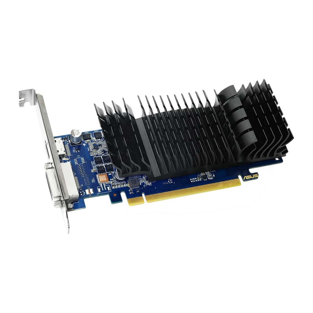 ASUS GeForce GT 1030 Silent 2GB GDDR5 Preto, vista em ângulo: dissipador passivo preto, PCB azul e portas DVI e HDMI visíveis