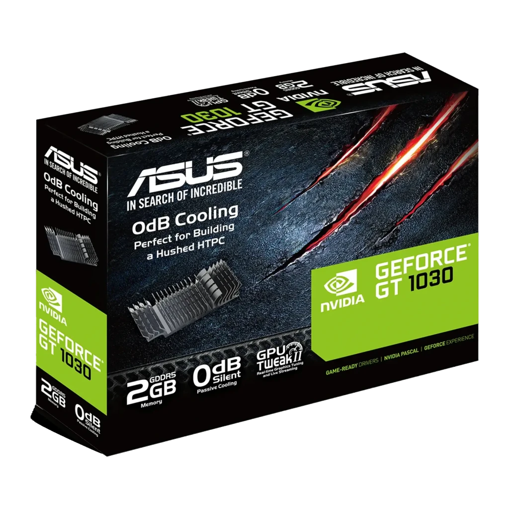 ASUS GeForce GT 1030 Silent 2GB GDDR5 Preto, caixa: embalagem frontal com dissipador passivo e logótipo NVIDIA GT 1030