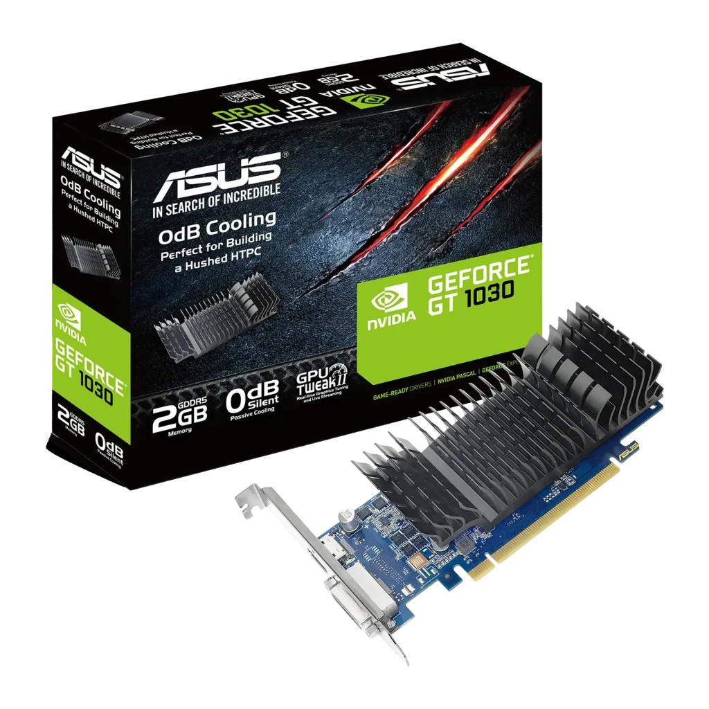 ASUS GeForce GT 1030 Silent 2GB GDDR5 Preto, placa e caixa: dissipador passivo preto e embalagem frontal