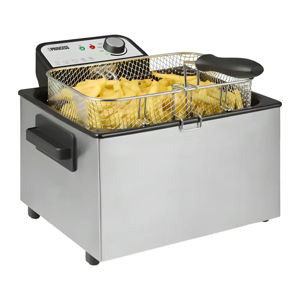 Friteuse à Huile Princess 5L 3270W Argent 184090, vue 3/4: panier avec frites, corps inox et panneau de commande