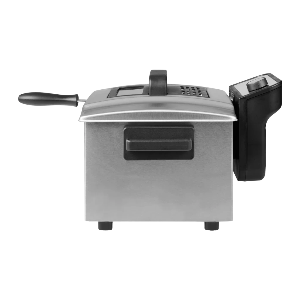 Friteuse à Huile Princess 5L 3270W Argent 184090, vue latérale: corps en acier brossé, poignée et panneau de commande noirs