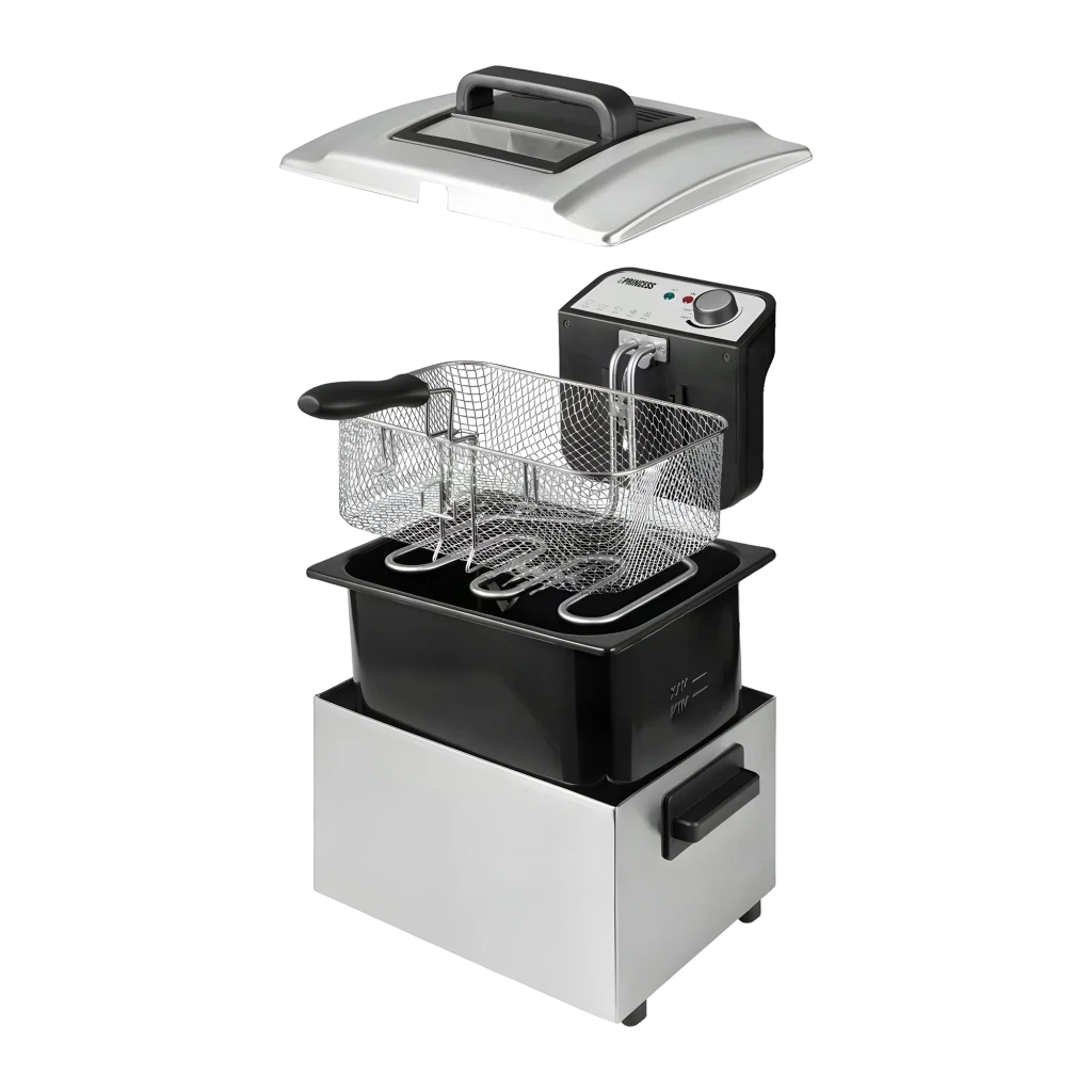 Friteuse à Huile Princess 5L 3270W Argent 184090, vue éclatée: couvercle, panier, cuve et base séparés