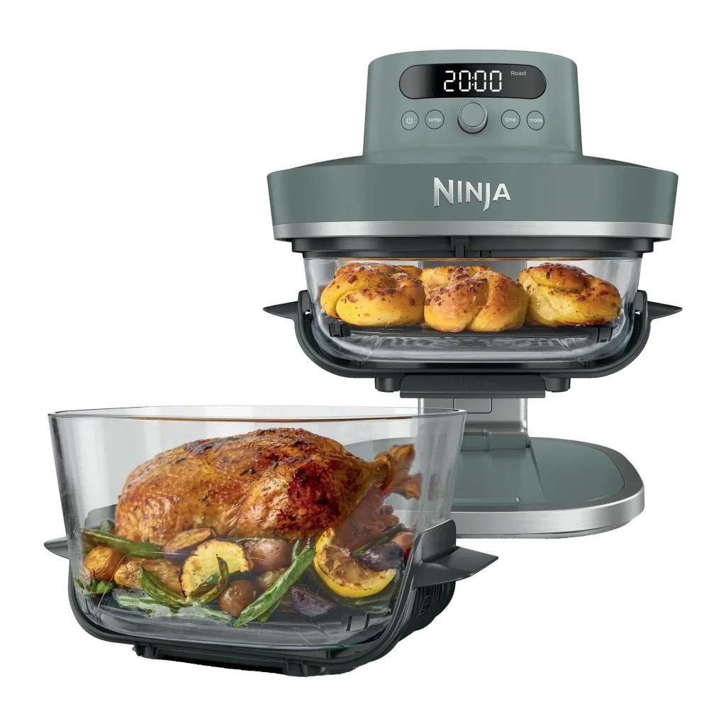 Freidora de aire Ninja CRISPi PRO 7-in-1 5,7L 2050W 7 Funciones Gris, vista frontal: unidad abierta con pollo asado