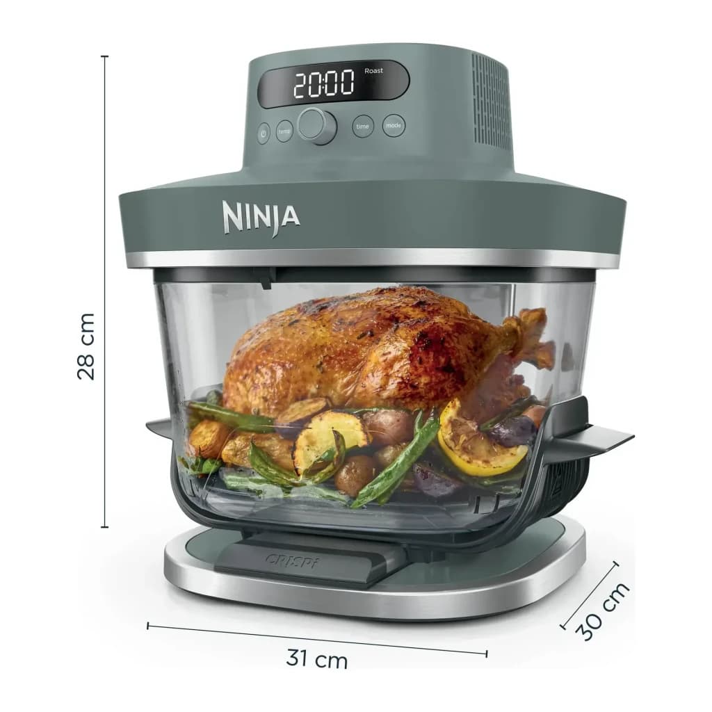 Freidora de aire Ninja CRISPi PRO 7-in-1 5,7L 2050W 7 Funciones Gris, vista frontal con dimensiones: cuenco transparente