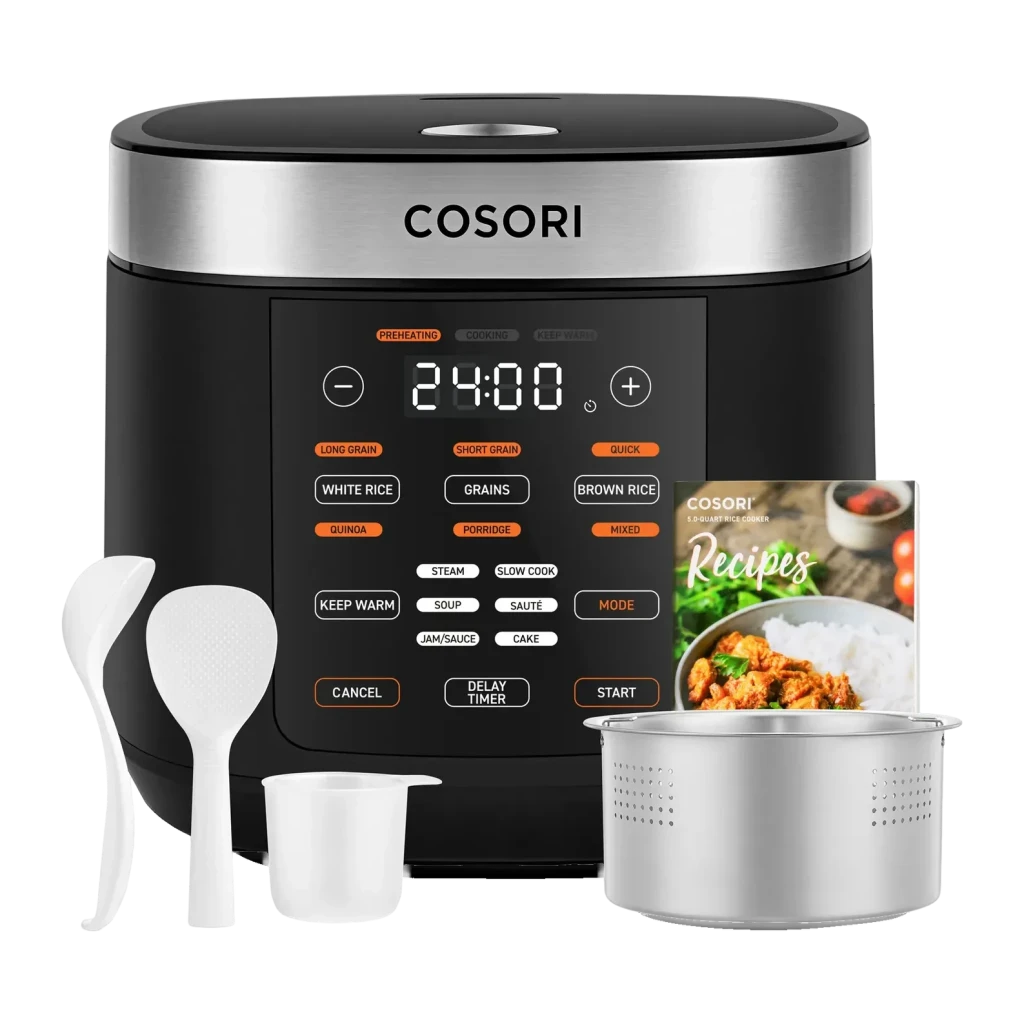 Multicuiseur Cosori Multi-Cooker Chef Edition 5L 970W Noir/Argent, vue avant: panneau tactile avec programmes, panier