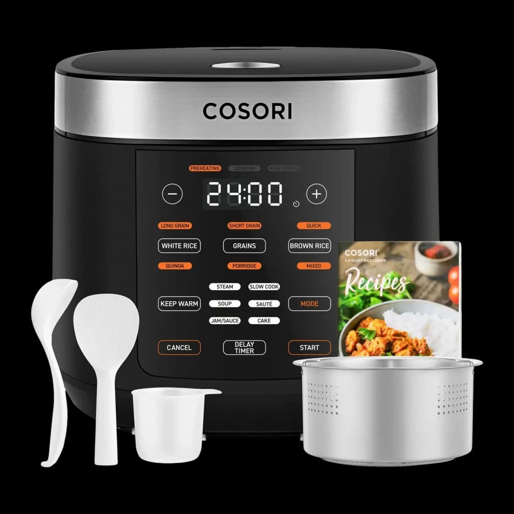 Multicuiseur Cosori Multi-Cooker Chef Edition 5L 970W Noir/Argent, vue avant: panneau tactile avec programmes, panier
