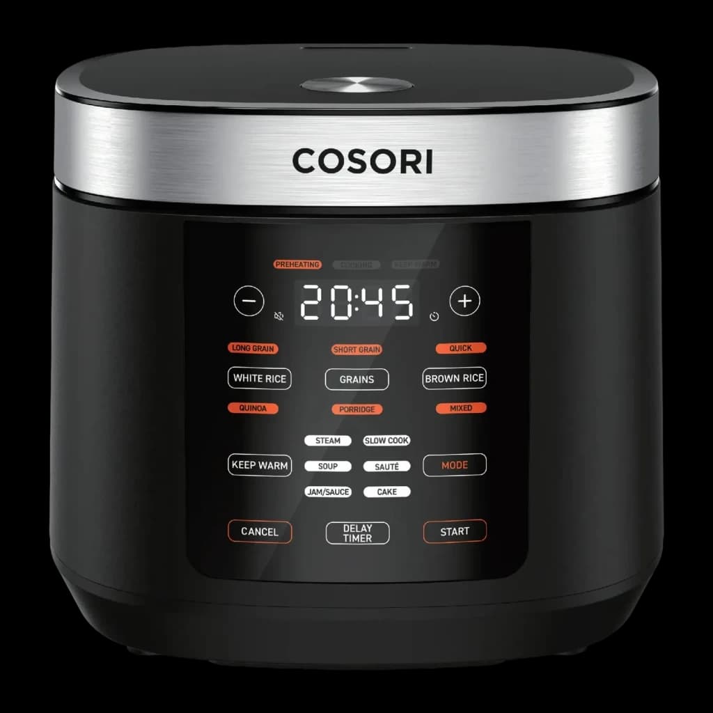 Multicuiseur Cosori Multi-Cooker Chef Edition 5L 970W Noir/Argent, vue avant: panneau tactile avec modes White Rice, Grains