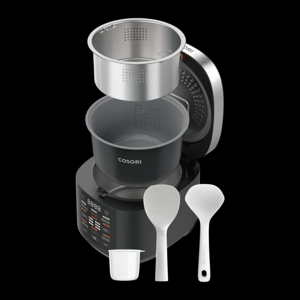 Multicuiseur Cosori Multi-Cooker Chef Edition 5L 970W Noir/Argent, vue éclatée: base, cuve antiadhésive, panier vapeur acier