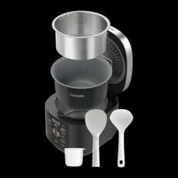 Multicuiseur Cosori Multi-Cooker Chef Edition 5L 970W Noir/Argent, vue éclatée: base, cuve antiadhésive, panier vapeur acier